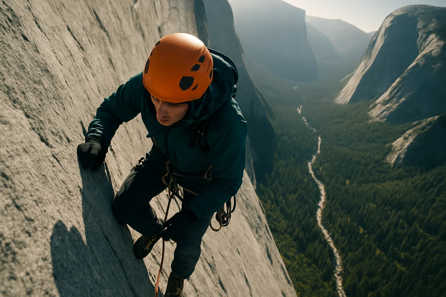 Technical rock climber ascending a sheer granite wall high above Yosemite Valley
